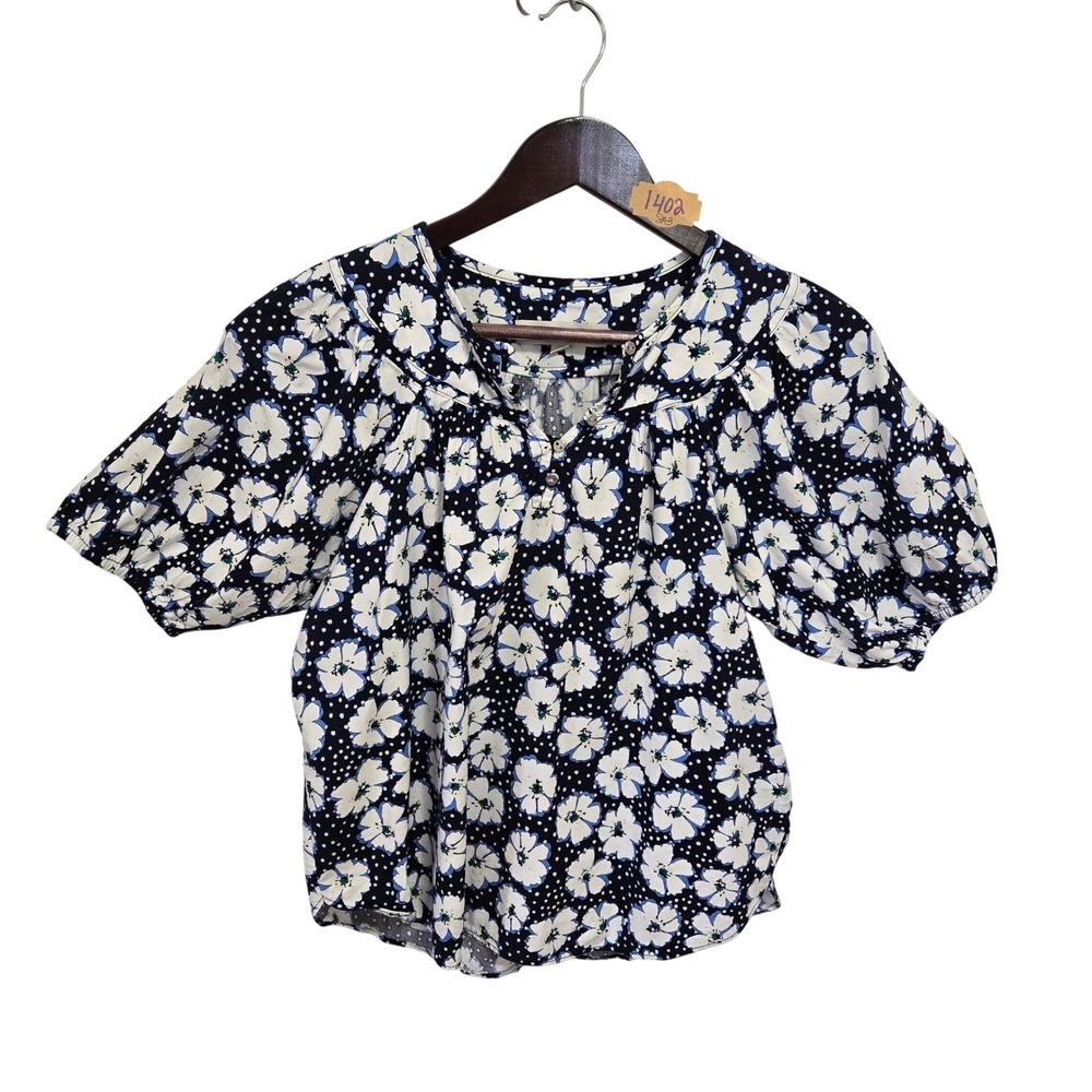 LOFT Petites‎ Navy Blue Floral Polka Dot Henley Puff Sleeve Blouse XSP RN140923